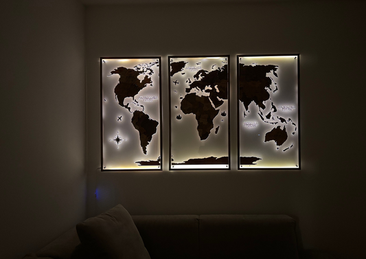 3D-Holz Weltkarte mehrfarbig 190 x 110 cm auf Acrylglas mit LED-Beleuchtung