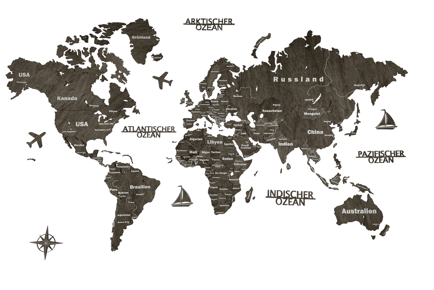 3D-Holz Weltkarte 150 x 90 cm Grau auf Deutsch