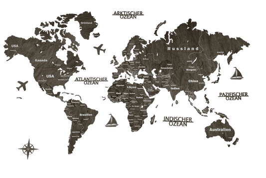 3D-Holz Weltkarte 150 x 90 cm Grau auf Deutsch